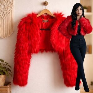 GENERATION KISS, DOLLS KILL Y2K Red Faux Fur Cropped Shrug Size Small NWOT